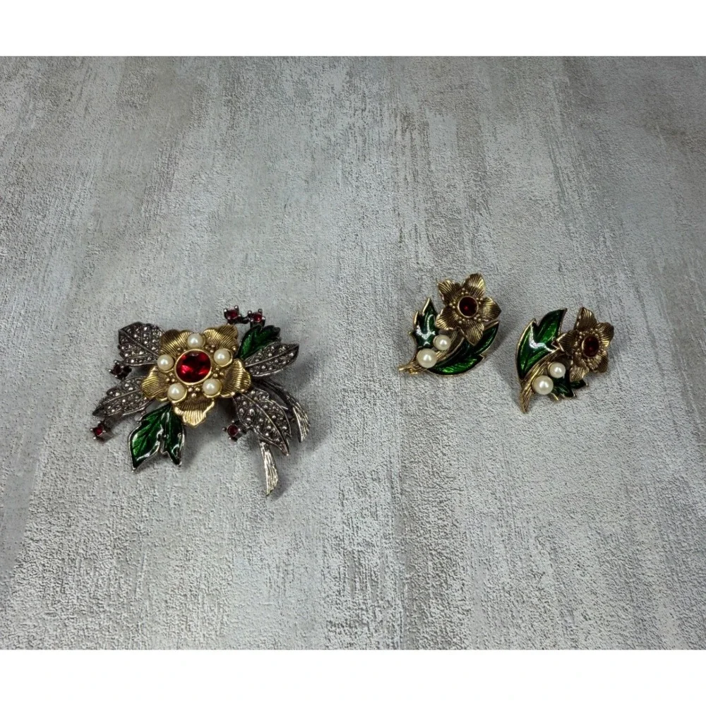 Vintage AVON Floral Brooch Earrings Set Gold Silver Tone Red Rhinestone Enamel